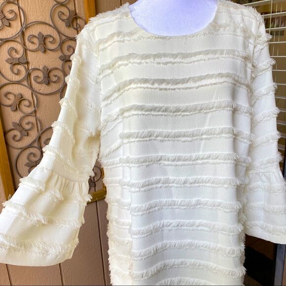 ALFANI IVORY TIERED FRINGE BELL SLEEVE SHIFT DRESS 14 NEW - Picture 2 of 15